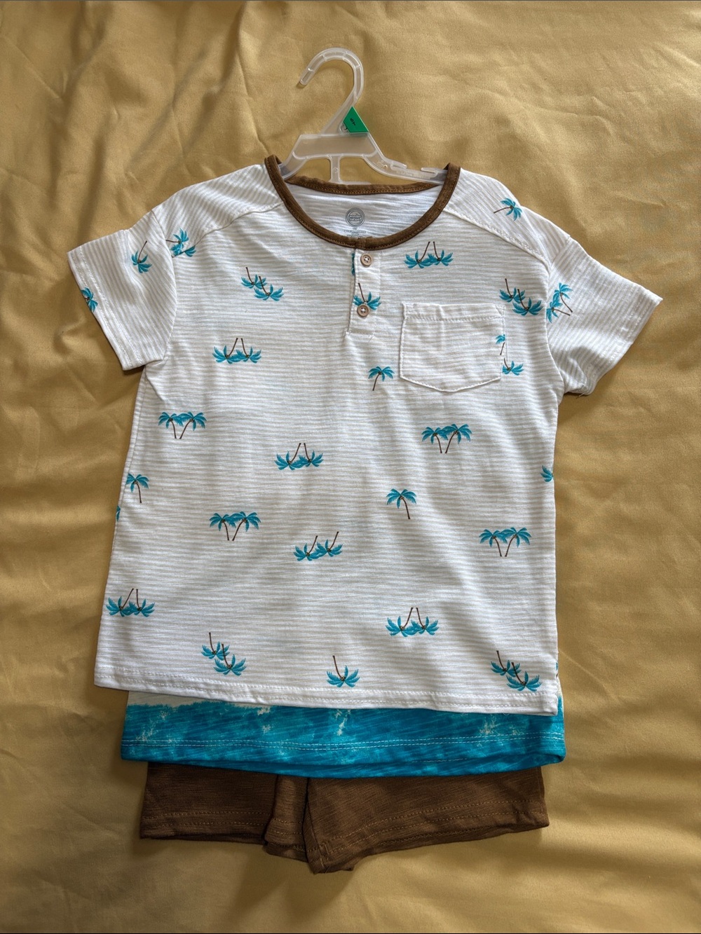Kids 3 Piece Set -Short Sleeve Tee with Palm Print, Teal Tank Top & Brown Shorts